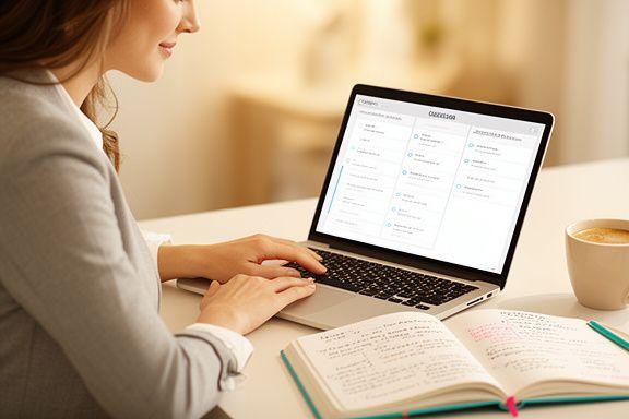 Een professionele vrouw met laptop aan een lichte tafel, verdiept in carrièreplanning met een notitieboek en koffie