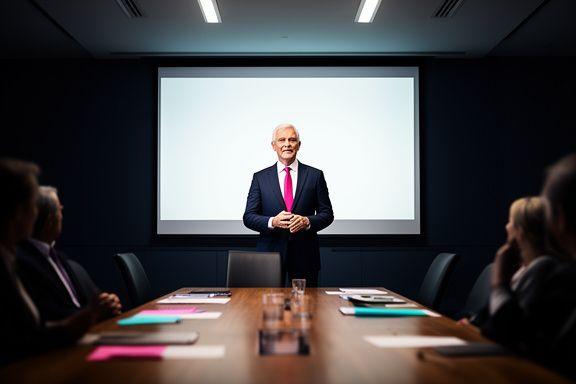 Een senior executive die zelfverzekerd presenteert in een boardroom met een groot scherm, tijdens een executive presence training